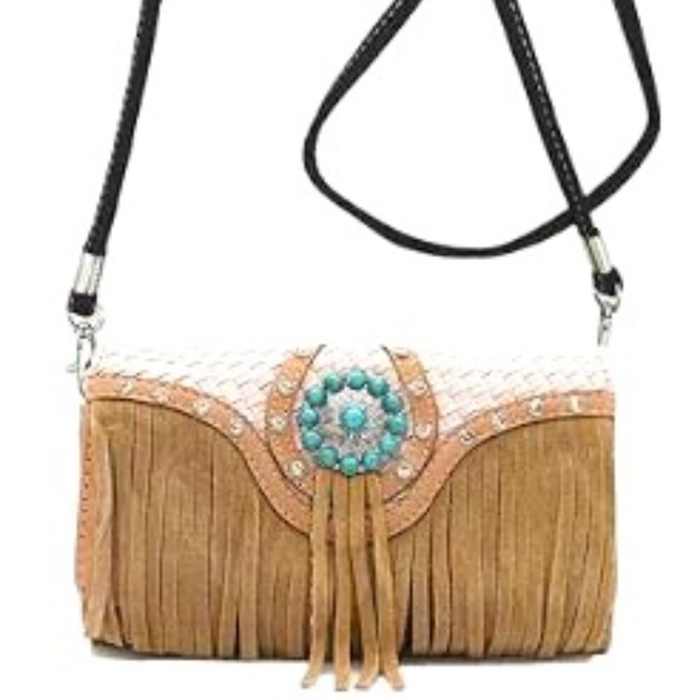 P1523-NEW Western World Fringe Conchos VL Rhinestone Turquoise Crossbody
